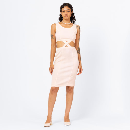 Vintage 80s Peach Cut Out Bodycon Dress - XS to Small | Sexy Ribbed Pastel Pink Sleeveless Fitted Mini Club Dress