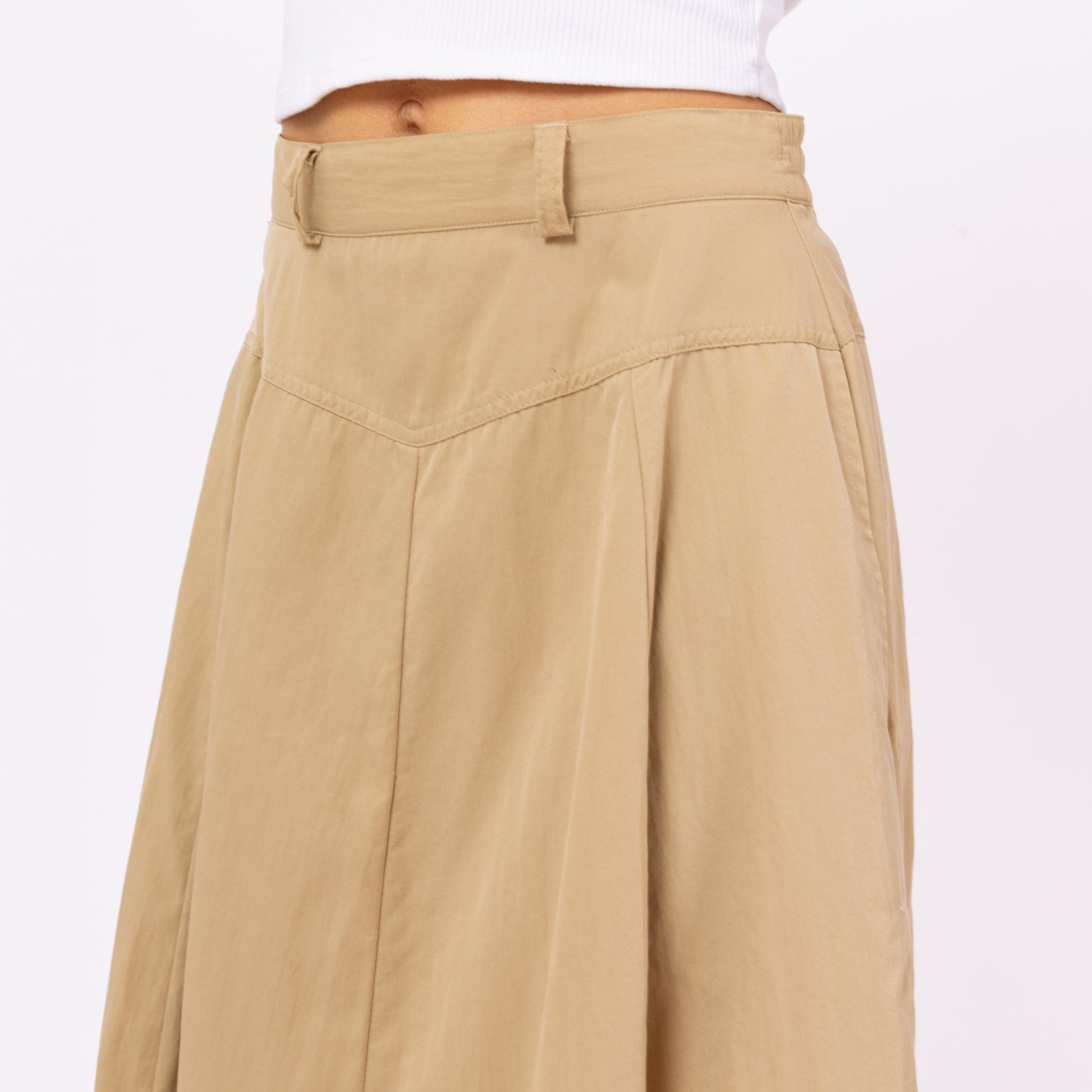 Vintage 90s Khaki Yoked Waist Safari Midi Skirt - Small to Medium, 27"-28" Waist | A-Line Tan High Waisted Western Skirt With Pockets