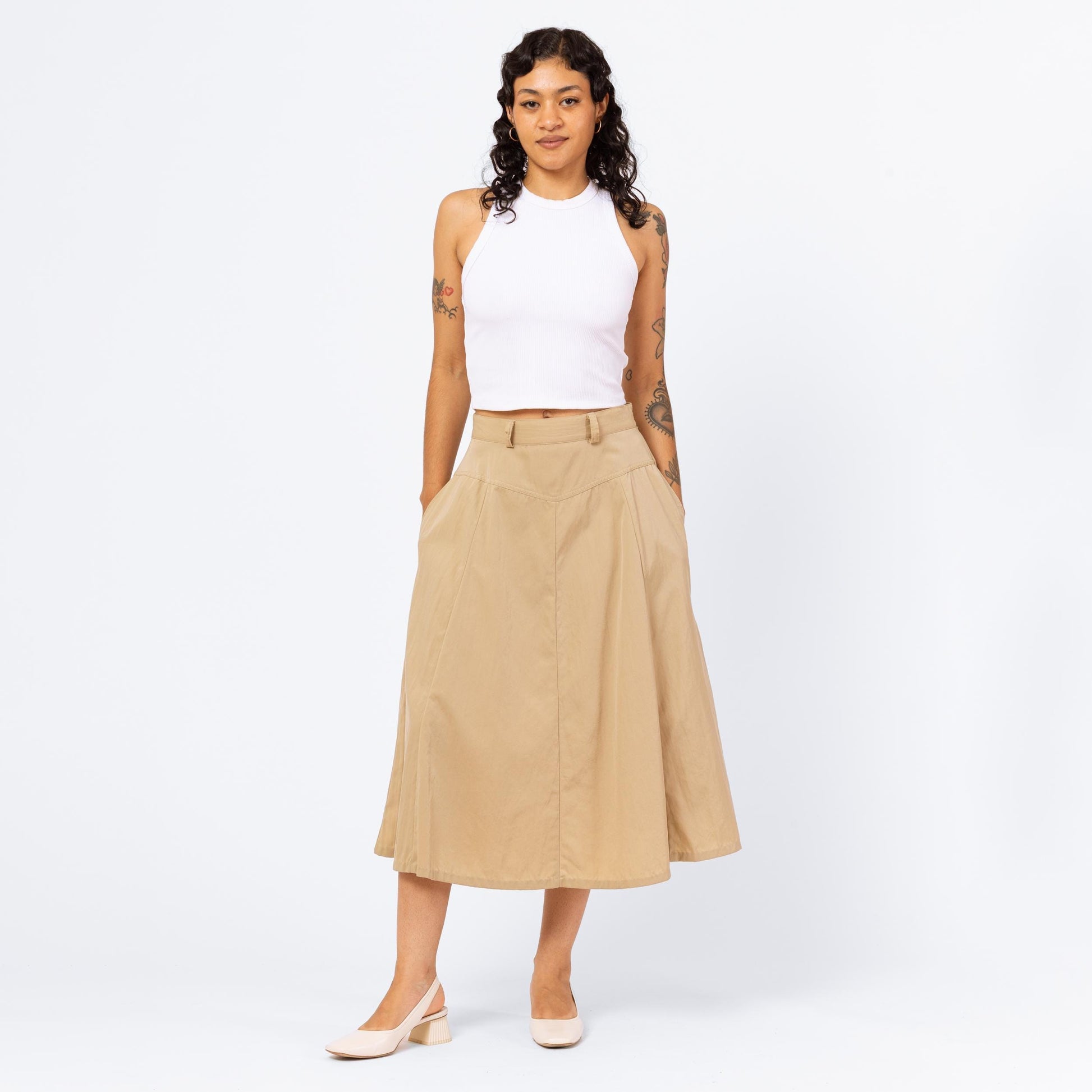 Vintage 90s Khaki Yoked Waist Safari Midi Skirt - Small to Medium, 27"-28" Waist | A-Line Tan High Waisted Western Skirt With Pockets