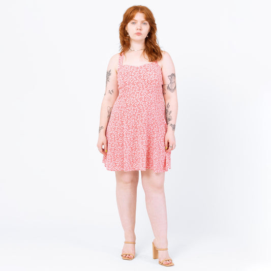 Vintage 90s Pink Floral Cross Back Mini Sundress - Medium | Boho A Line Sleeveless Summer Mini Dress