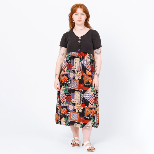Vintage 90s Patchwork Floral Midi Dress – Large | Ribbed Bodice Rayon Grunge Dress, Boho Short Sleeve Artsy Summer Dress