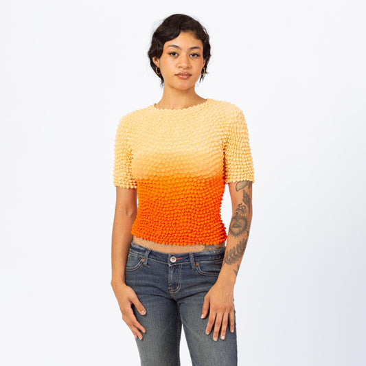 Vintage Y2K Sunset Gradient Popcorn Top - One Size | 2000s Orange Short Sleeve Stretchy Scrunchie Bubble Shirt