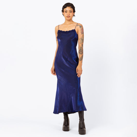 Vintage 90s Royal Blue Satin Rosette Maxi Slip Dress - Small to Medium | Bias Cut Formal Evening Gown, Spaghetti Strap Wedding Guest Look