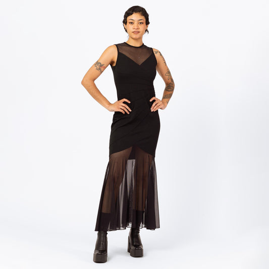 Vintage 90s Gothic Black Sheer Panel Maxi Dress - Small | Mesh Hem Sleeveless Sexy Bodycon Bandage Party Dress
