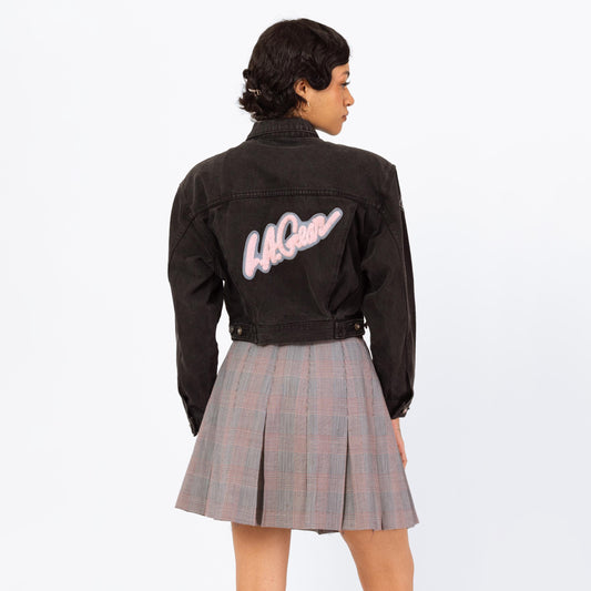 Vintage 80s LA Gear Cropped Black Jean Jacket - Small | Varsity Patch Jeweled Button Streetwear Denim Jacket