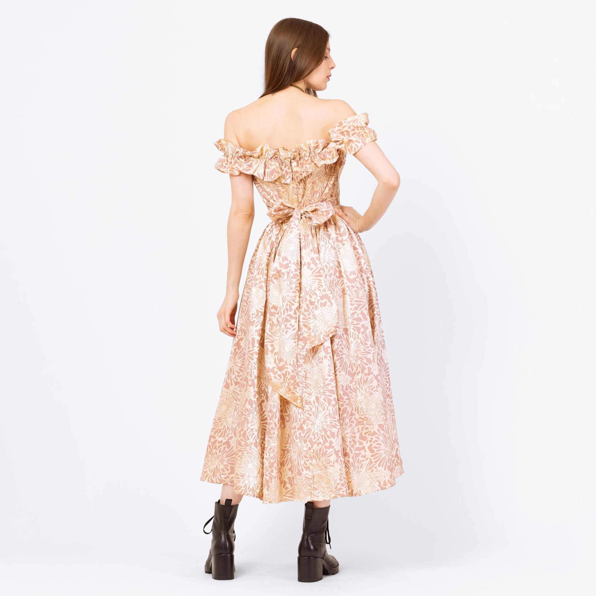 Vintage 80s Gunne Sax Floral Satin Midi Princess Gown, As Is - Medium | Pink & Champagne Off Shoulder Fit Flare Formal Dress