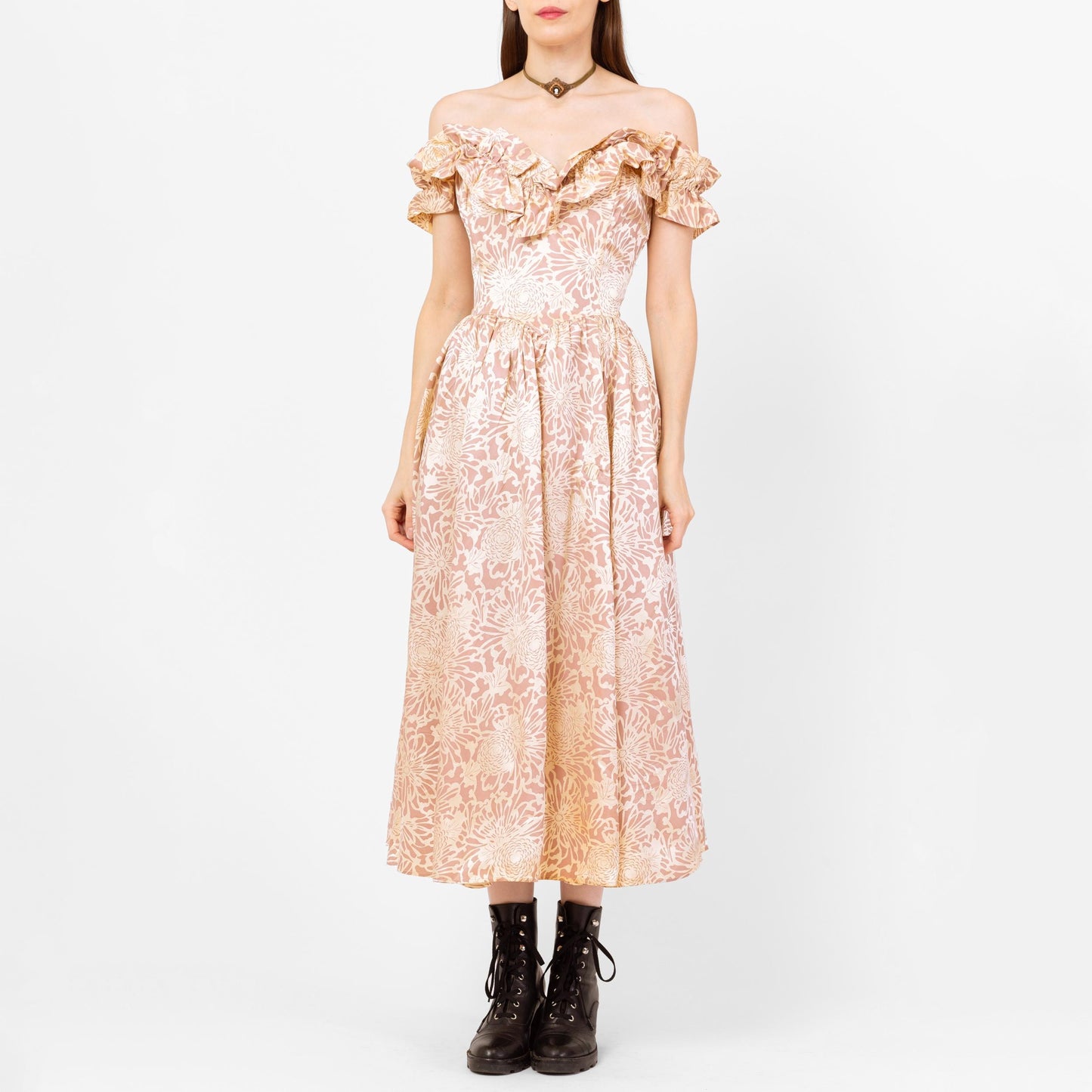 Vintage 80s Gunne Sax Floral Satin Midi Princess Gown, As Is - Medium | Pink & Champagne Off Shoulder Fit Flare Formal Dress