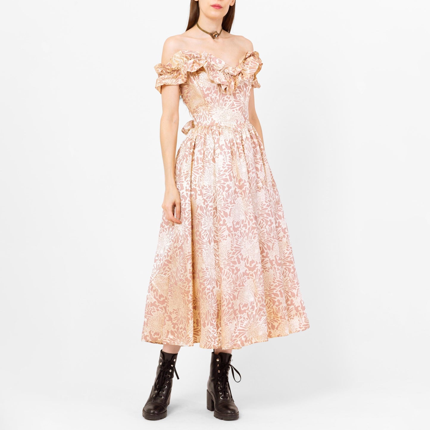 Vintage 80s Gunne Sax Floral Satin Midi Princess Gown, As Is - Medium | Pink & Champagne Off Shoulder Fit Flare Formal Dress