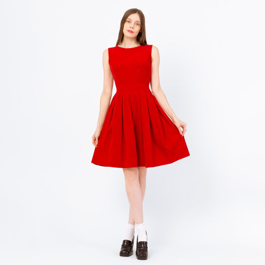 Vintage 60s Red Corduroy Cheerleader Dress - Small | Retro Varsity Majorette Uniform Fit & Flare Knee Length Sleeveless Mini Dress
