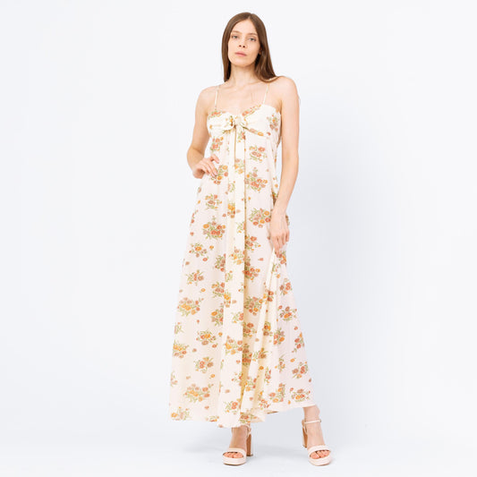 Vintage 70s Wildflower Floral Maxi Sundress - Small | Boho Cream Tie Front Spaghetti Strap Summer Date Night Wedding Guest Dress
