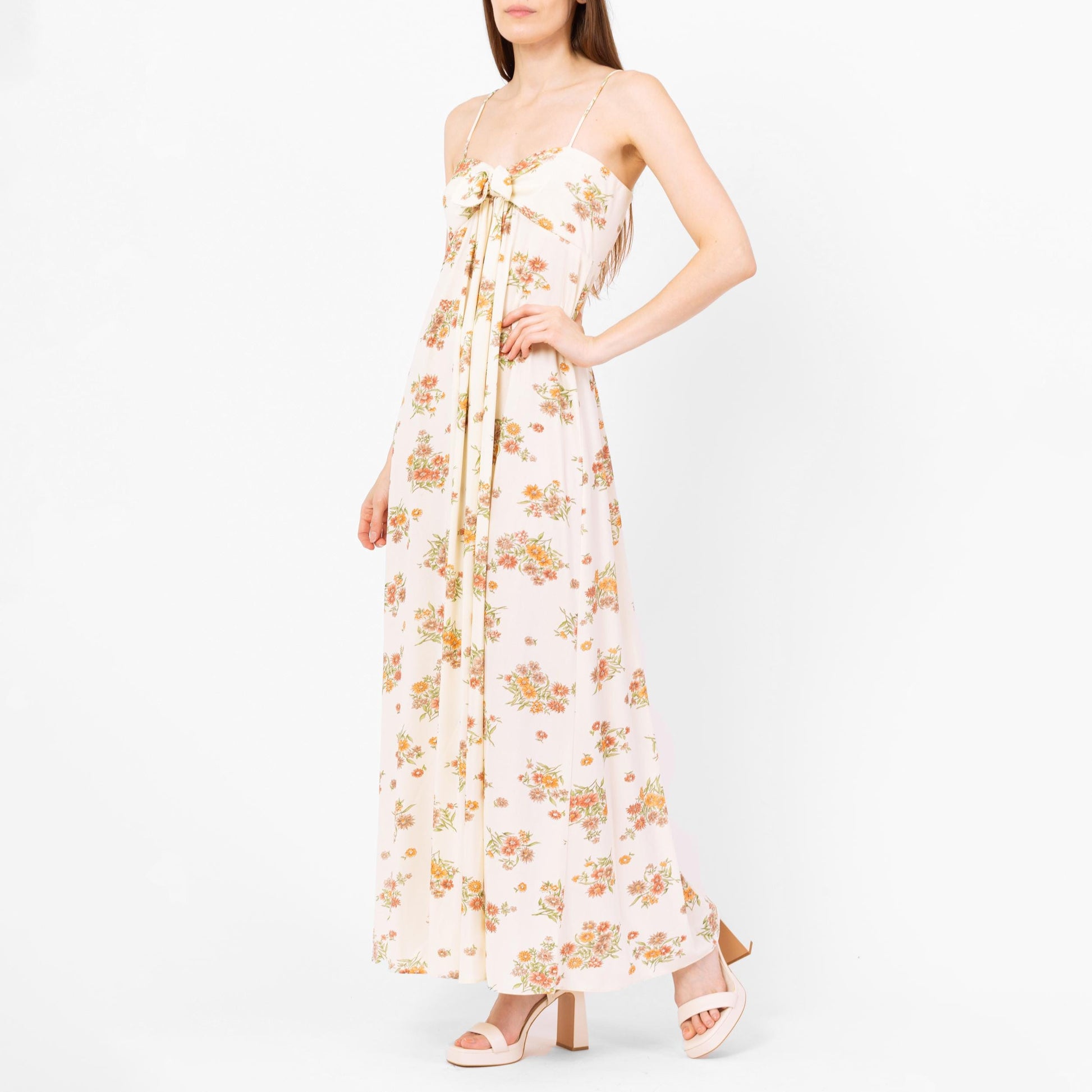 Vintage 70s Wildflower Floral Maxi Sundress - Small | Boho Cream Tie Front Spaghetti Strap Summer Date Night Wedding Guest Dress