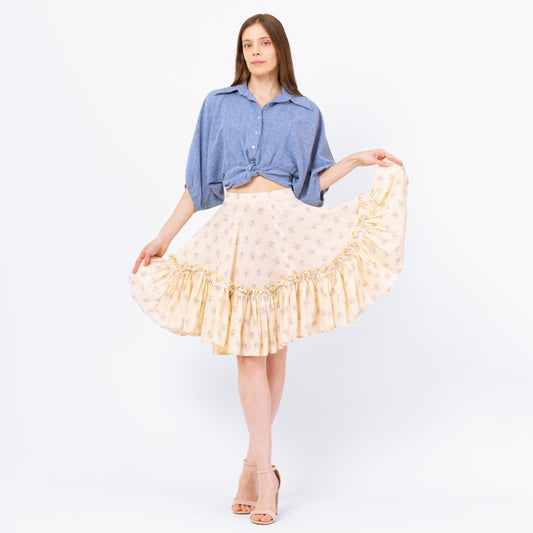Vintage 70s Cream Floral Prairie Circle Skirt - Small, 26" Waist | Boho Knee Length Square Dance Skirt, Ruffle Tiered Cottagecore Skirt