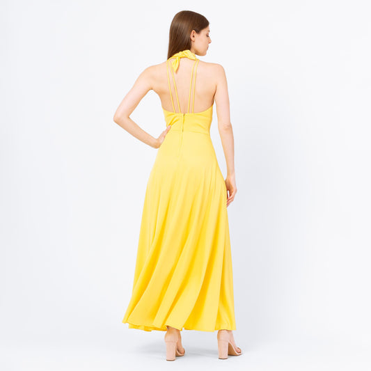 Vintage 70s Lillie Rubin Yellow Maxi Halter Dress - Extra Small | Boho Low Back Summer Disco Sundress, Wedding Guest Dress