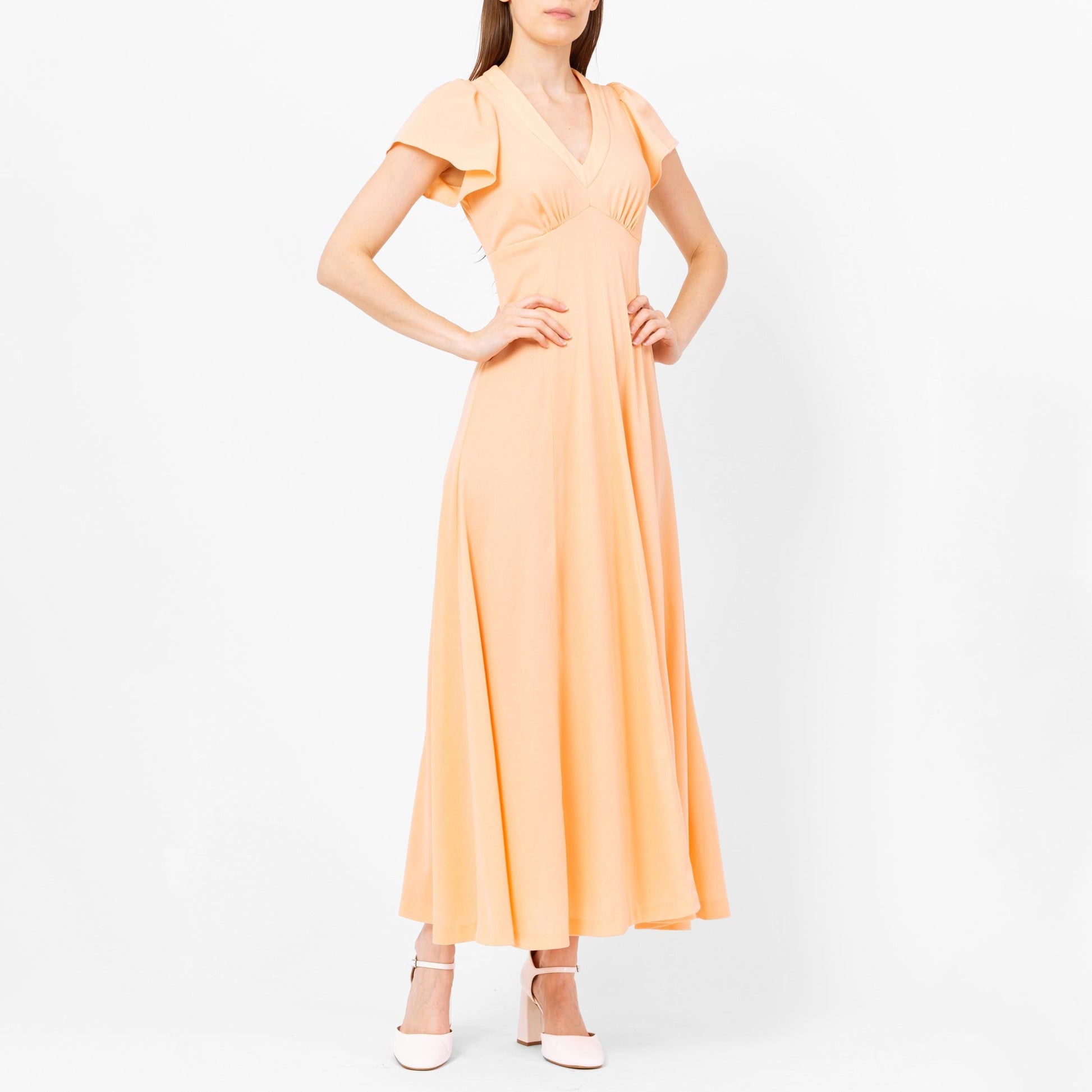 Vintage 70s Peach Flutter Sleeve Maxi Dress - Extra Small | Retro Empire Waist Disco Prom Party Dress