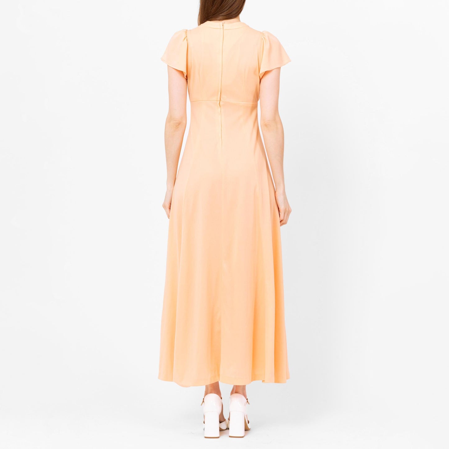 Vintage 70s Peach Flutter Sleeve Maxi Dress - Extra Small | Retro Empire Waist Disco Prom Party Dress