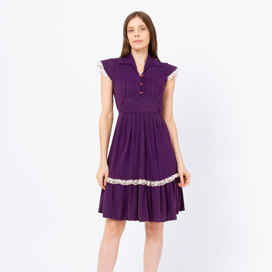 Vintage 70s Purple Lace Trim Prairie Mini Dress - Extra Small | Boho Knee Length Felt Sundress, A-Line Cottagecore Folk Dress