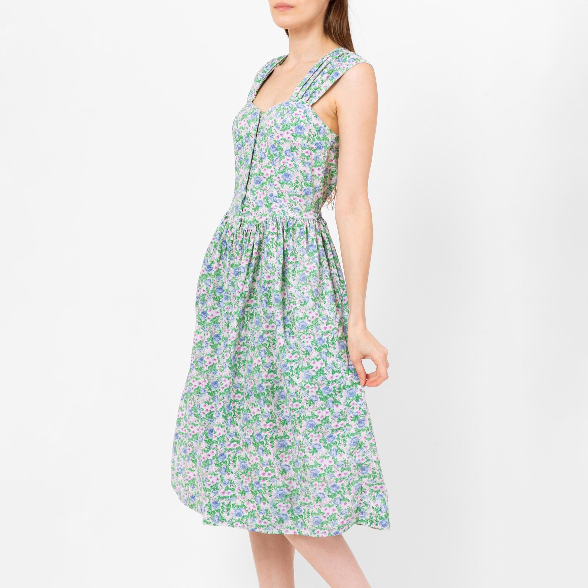 Vintage 80s Floral Cotton Fit & Flare Midi Sundress - Small | Boho Green Purple Basque Waist Button Front Sleeveless Pocket Dress