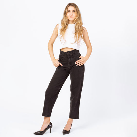 Vintage 90s Black High Rise Yoked Waist Jeans - Petite XS, 24" Waist | Denim Tapered Leg Short Inseam Mom Jeans