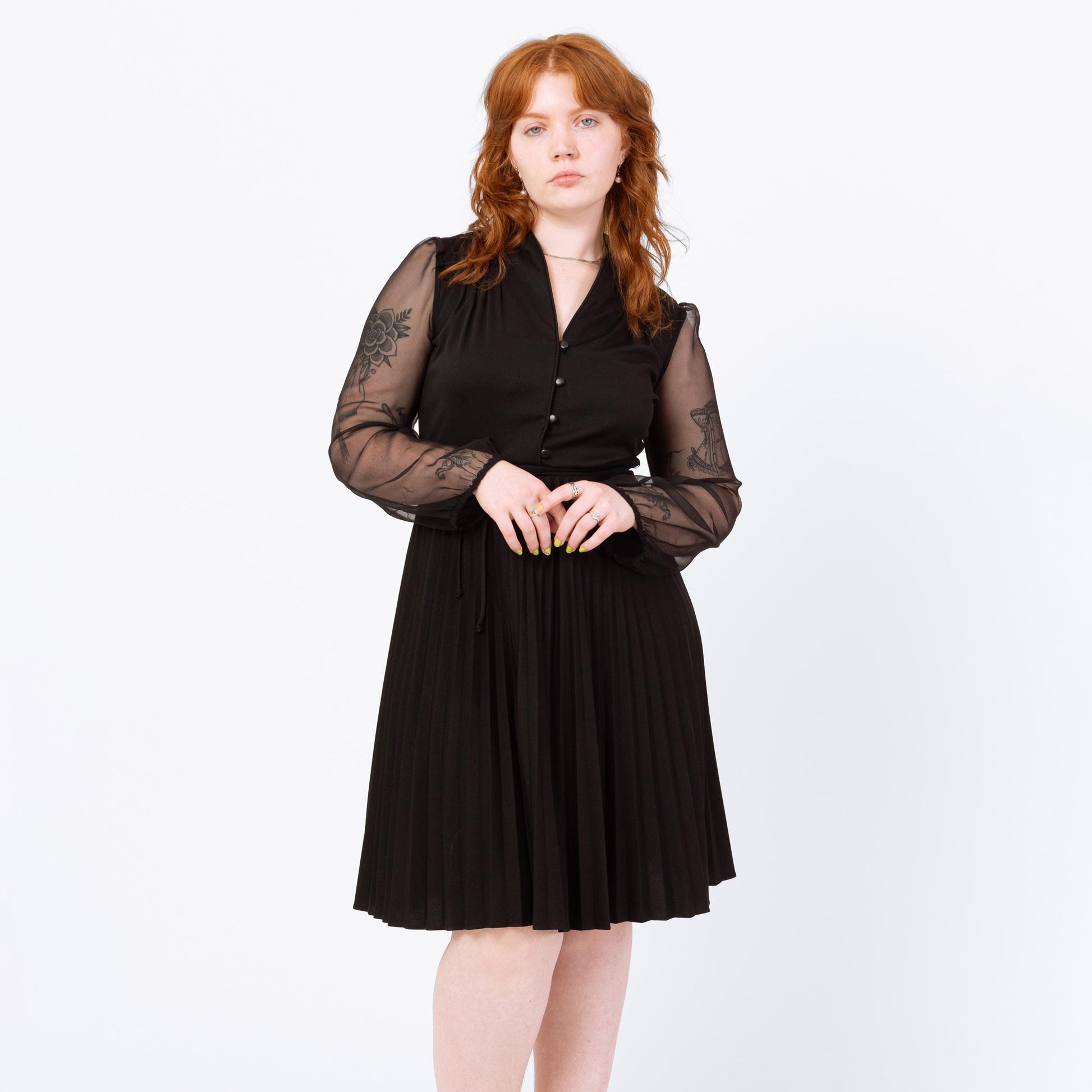 Vintage 70s Black Sheer Sleeve Gothic Party Dress - Medium Flying Apple Vintage Vintage 70s Black Sheer Sleeve Gothic Party Dress - Medium Flying Apple Vintage