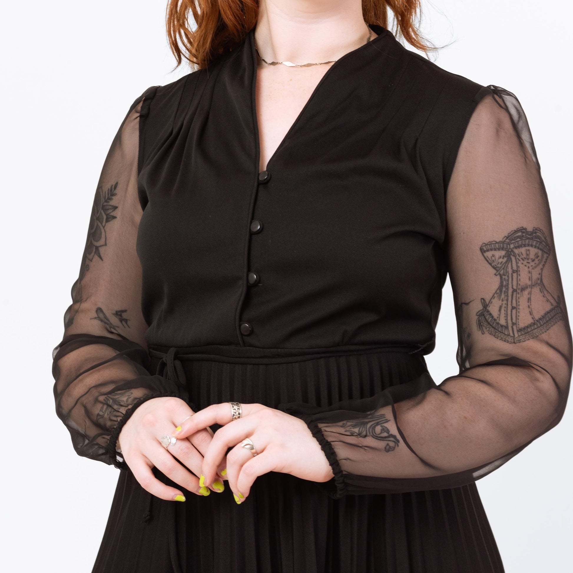 gothic party dress Vintage 70s Black Sheer Sleeve Gothic Party Dress