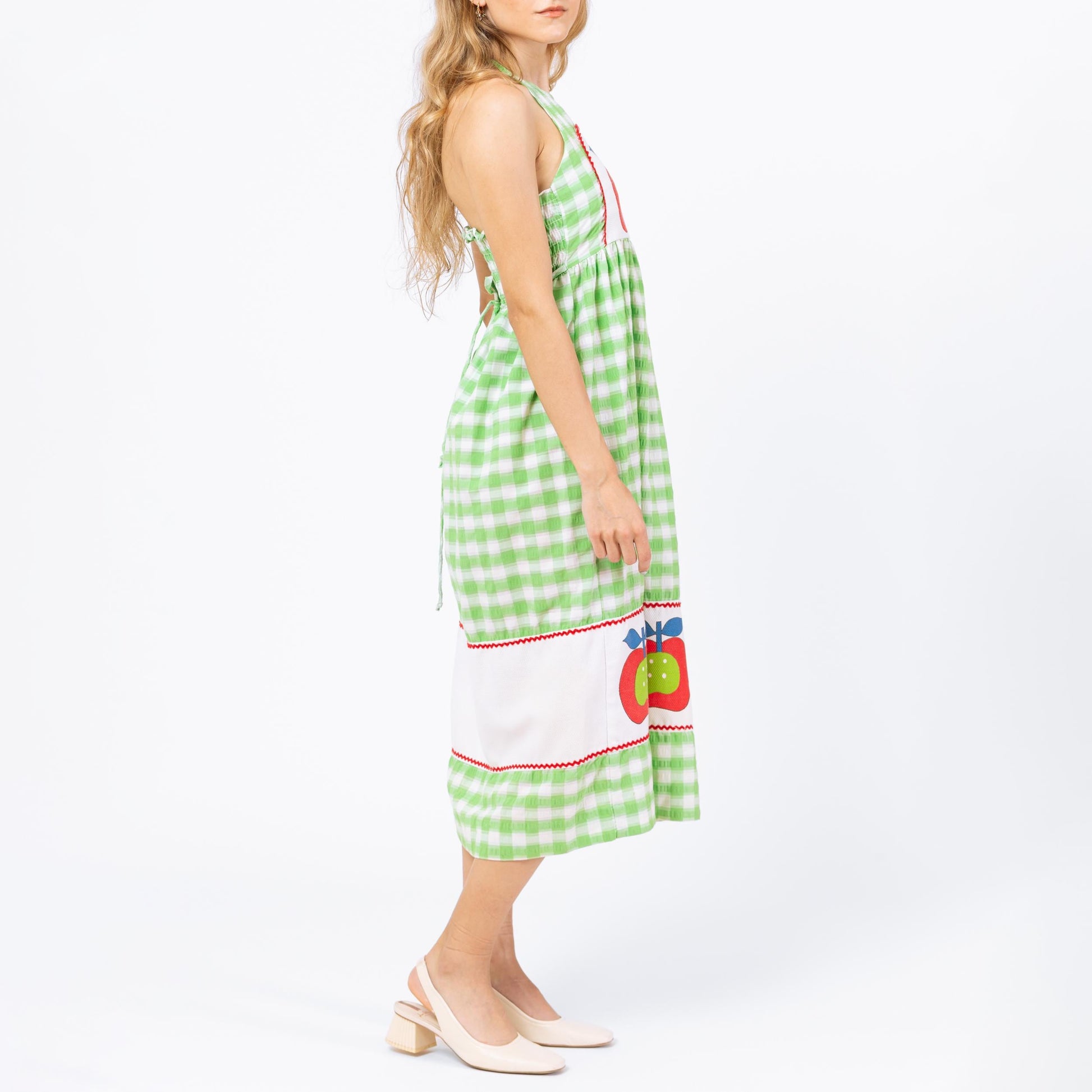 Vintage 70s Green Gingham Apple Print Sundress - Petite XS | Boho Novelty Summer Picnic Dress, Seersucker Cottagecore Halter Midi Dress