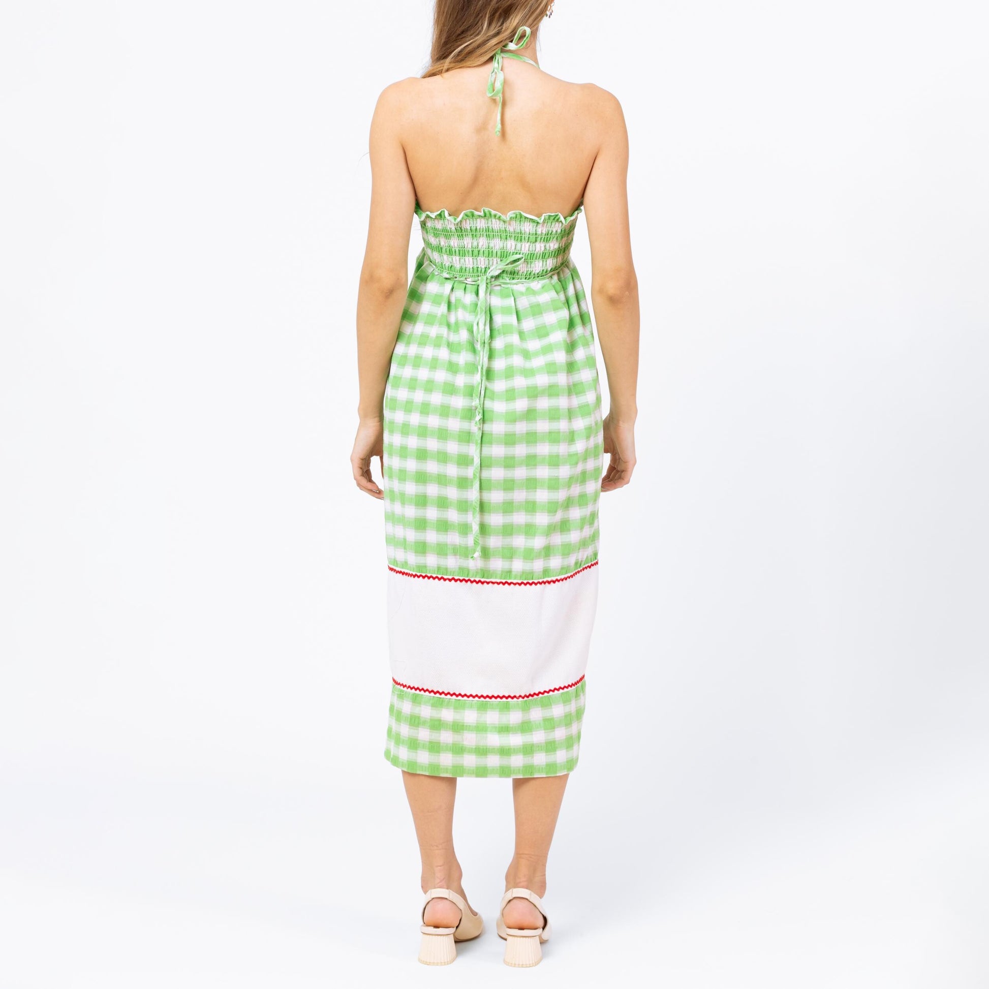 Vintage 70s Green Gingham Apple Print Sundress - Petite XS | Boho Novelty Summer Picnic Dress, Seersucker Cottagecore Halter Midi Dress