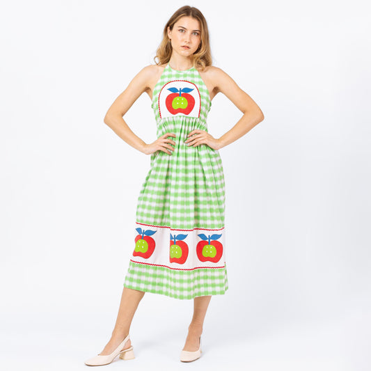 Vintage 70s Green Gingham Apple Print Sundress - Petite XS | Boho Novelty Summer Picnic Dress, Seersucker Cottagecore Halter Midi Dress