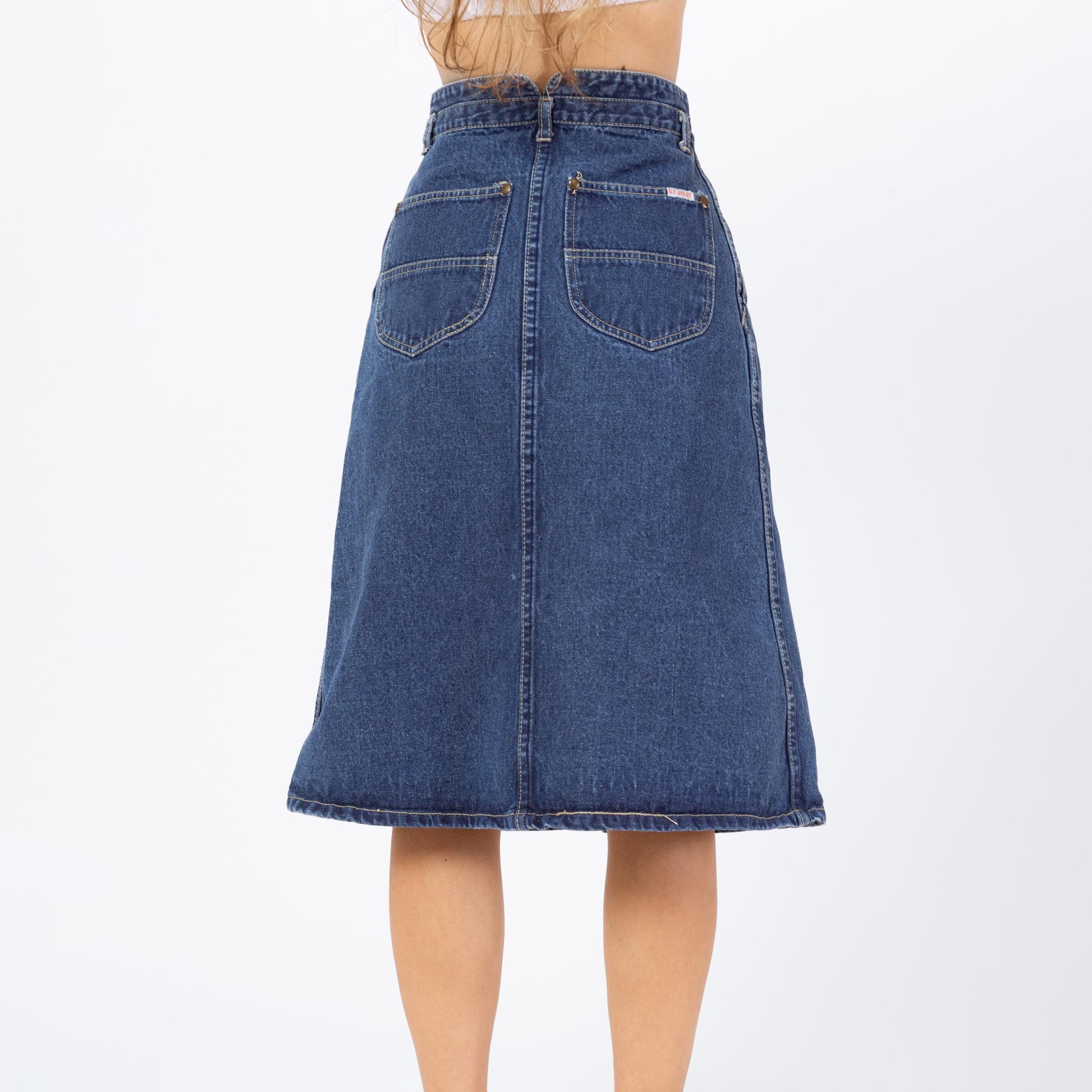 Vintage 70s Western Denim A-Line Skirt - Extra Small, 24" Waist | Americana Blue Jean High Waisted Knee Length Midi Skirt