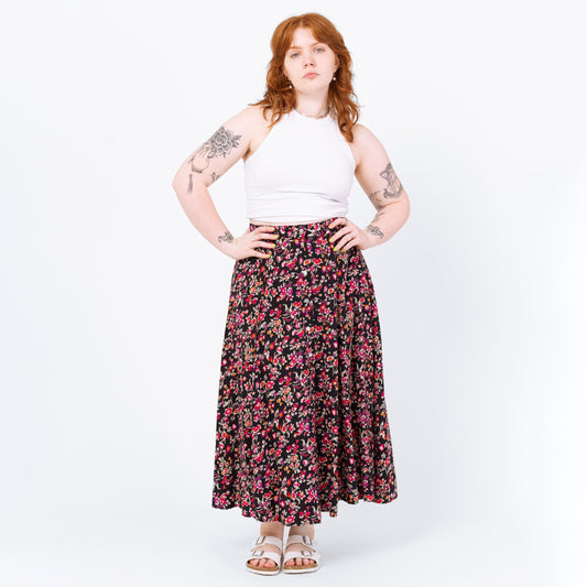 Vintage 90s Black & Pink Floral Maxi Skirt - Large, 29"-33" Waist | Boho High Waisted Long Spring Summer Rayon Skirt