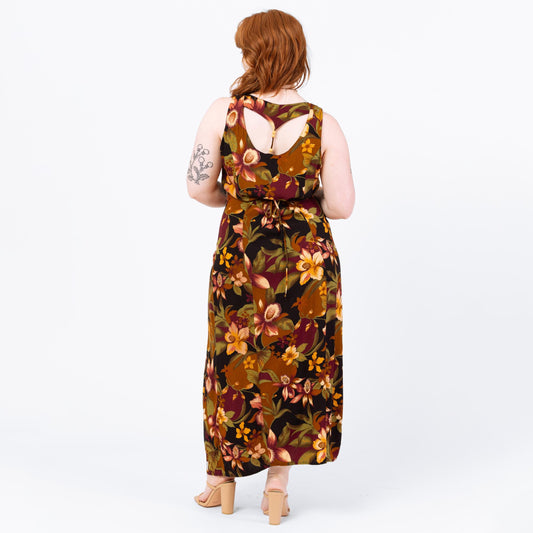 Vintage 80s Tropical Floral Beaded Keyhole Back Sundress - Large | Boho Sleeveless Summer Maxi Dress, Earth Tone Print Rayon Dress