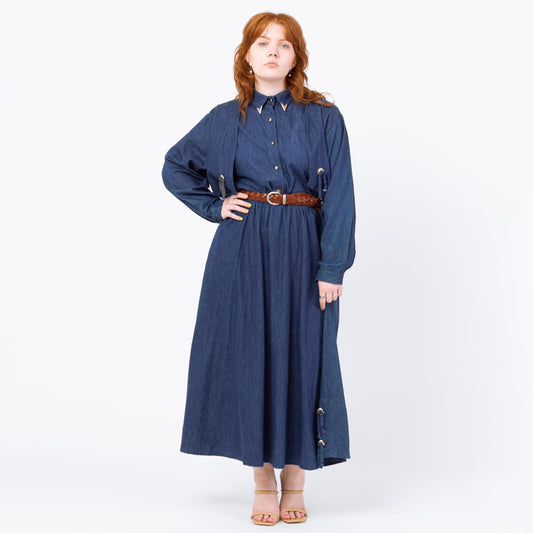 Vintage 80s Western Chambray Concho Maxi Dress - Medium to Large | Sassa Retro Rockabilly Long Sleeve Denim Shirtdress