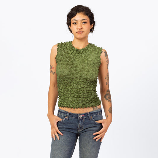 Vintage Y2K Olive Green Popcorn Top - One Size | 2000s Sleeveless Stretchy Scrunchie Bubble Tank
