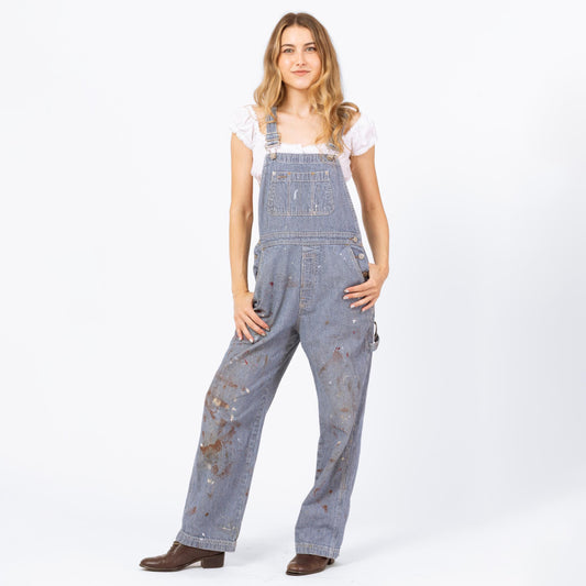 Vintage 90s Hickory Striped Paint Splattered Overalls - XS to Small | Gap Railroad Pinstripe Distressed Blue Jean Denim Women's Overall