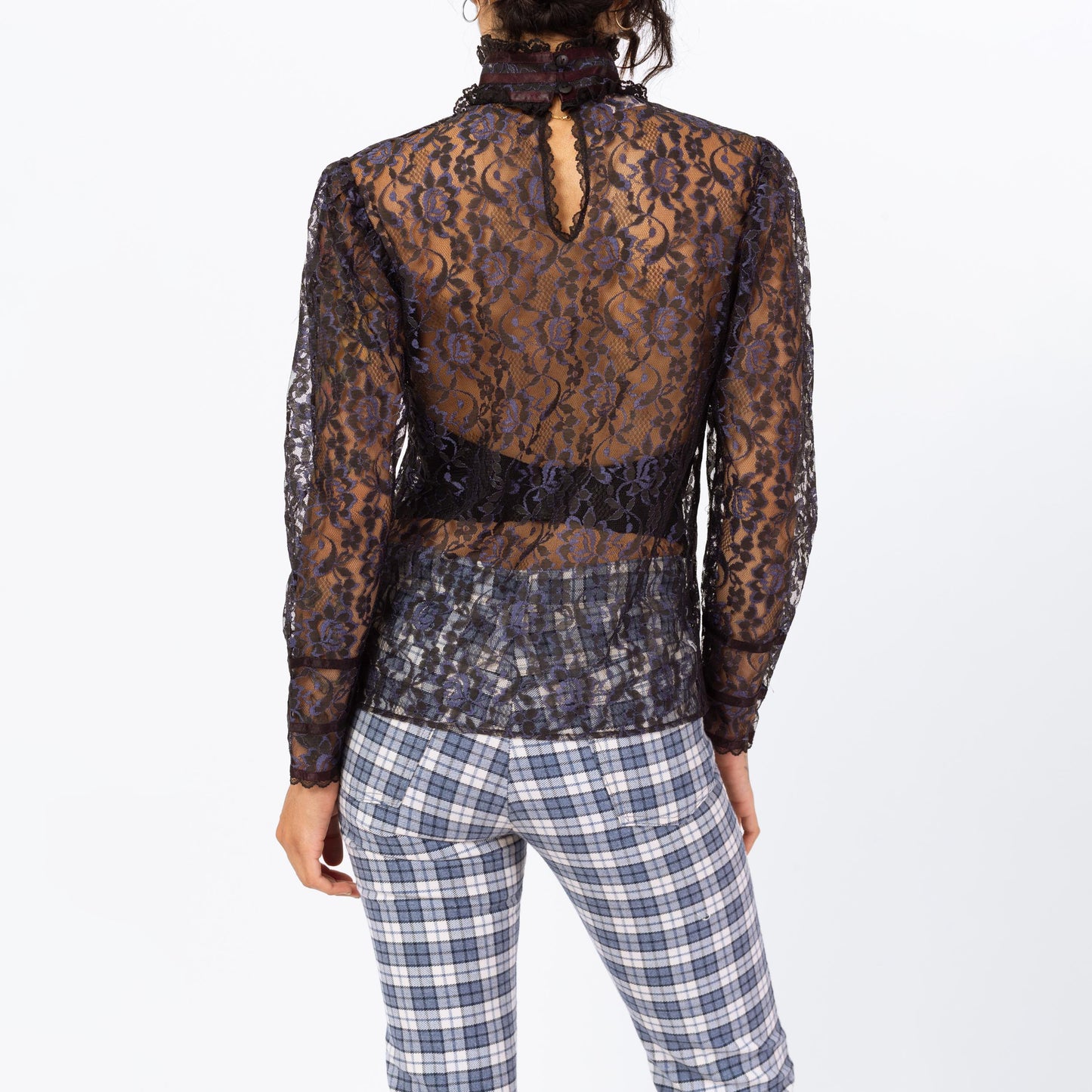 Vintage 80s Gunne Sax Gothic Victorian Sheer Lace Blouse - Medium | Midnight Blue Puff Sleeve Mockneck Shirt, Romantic Witchy Top
