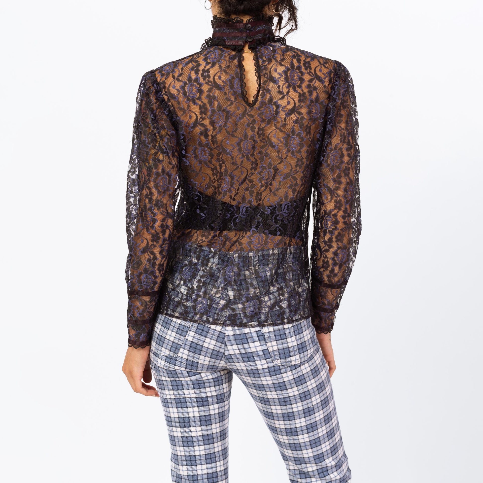 Vintage 80s Gunne Sax Gothic Victorian Sheer Lace Blouse - Medium | Midnight Blue Puff Sleeve Mockneck Shirt, Romantic Witchy Top