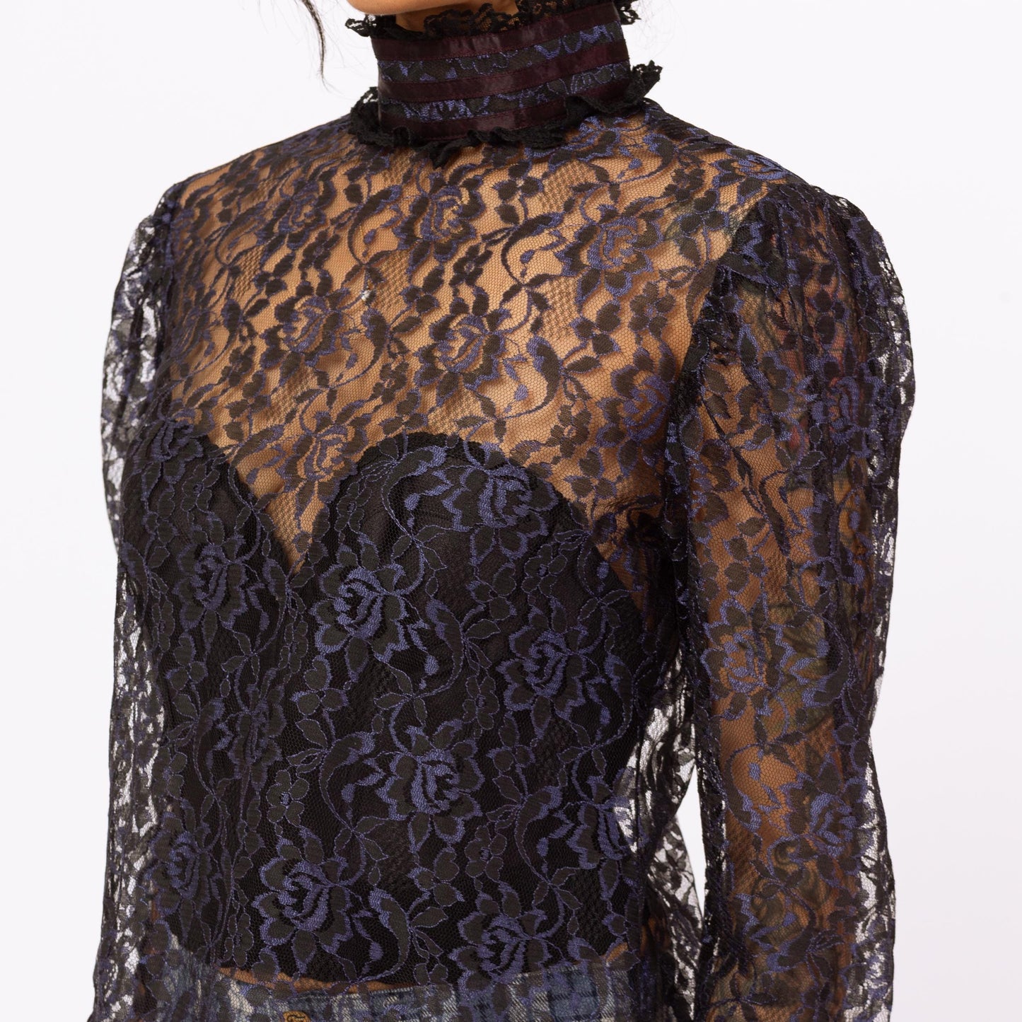 Vintage 80s Gunne Sax Gothic Victorian Sheer Lace Blouse - Medium | Midnight Blue Puff Sleeve Mockneck Shirt, Romantic Witchy Top
