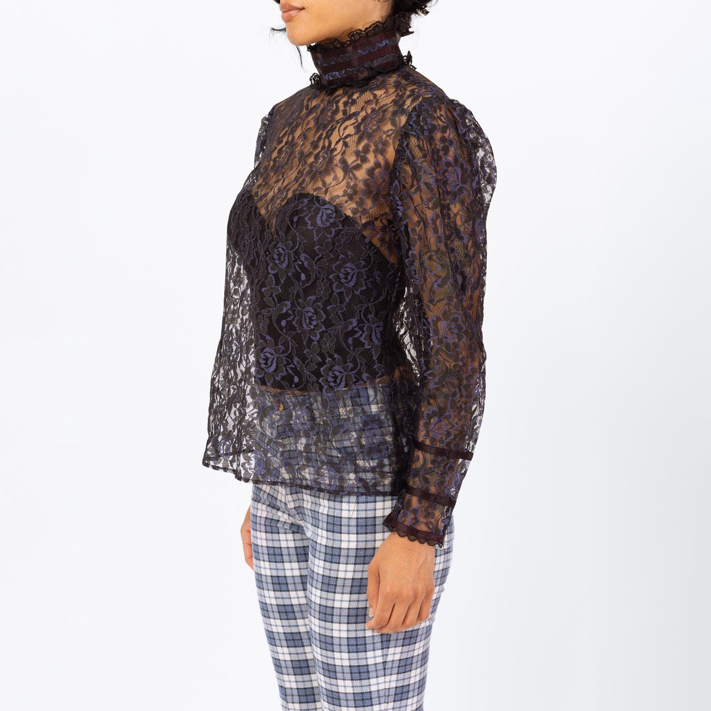 Vintage 80s Gunne Sax Gothic Victorian Sheer Lace Blouse - Medium | Midnight Blue Puff Sleeve Mockneck Shirt, Romantic Witchy Top