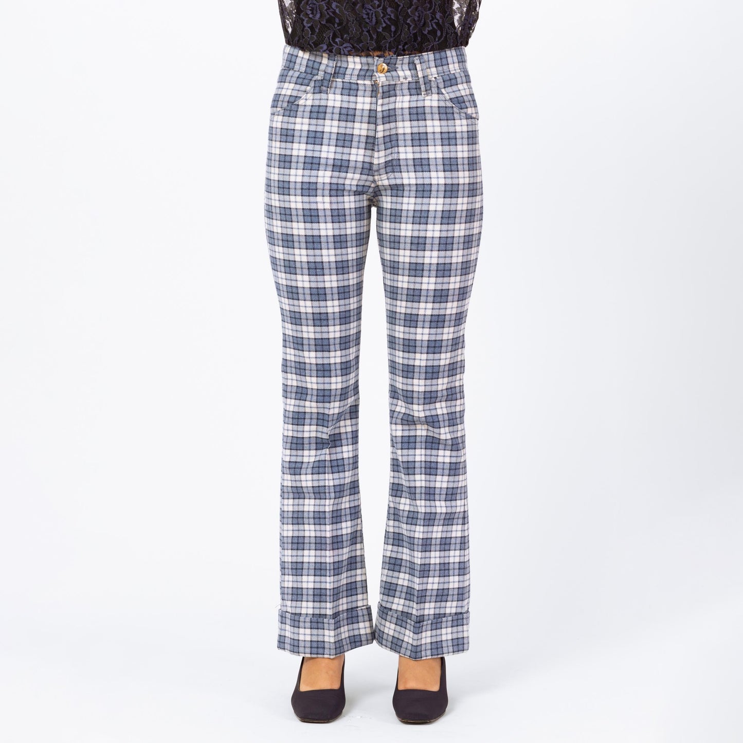Vintage 70s Blue Plaid Knit Flared Trousers - Men's XS, Women's Small | 1970s High Waisted Fall Pants, Retro Cuffed Woven Trousers