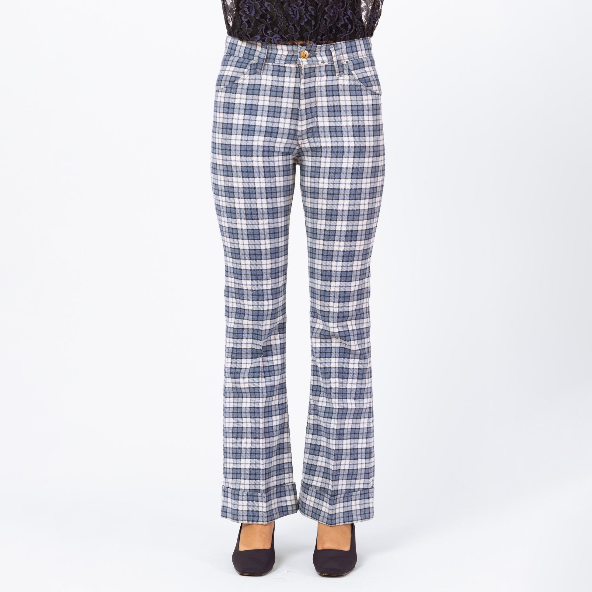 Vintage 70s Blue Plaid Knit Flared Trousers - Men's XS, Women's Small | 1970s High Waisted Fall Pants, Retro Cuffed Woven Trousers
