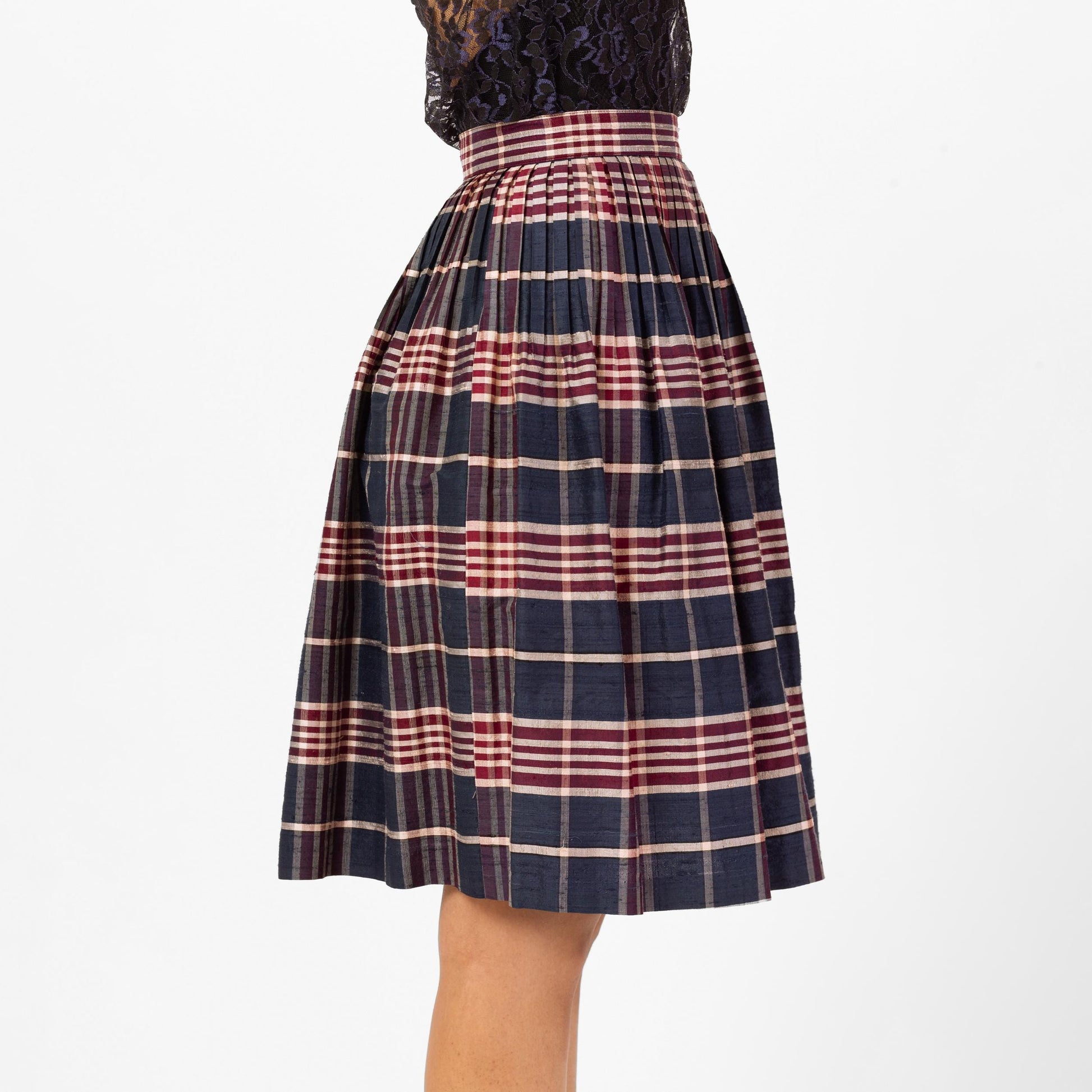Vintage 80s Navy Blue & Red Plaid Pleated Skirt - Extra Small, 24" Waist | Dark Academia High Waisted A-Line Knee Length Mini Skirt
