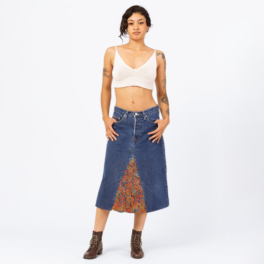 Vintage 90s French Connection Denim & Paisley Midi Skirt - Small to Medium, 28" Waist | Reworked A-Line Split Panel Upcycled Jean Skirt