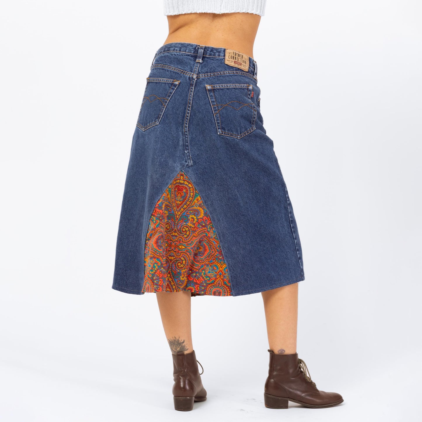 Vintage 90s French Connection Denim & Paisley Midi Skirt - Small to Medium, 28" Waist | Reworked A-Line Split Panel Upcycled Jean Skirt