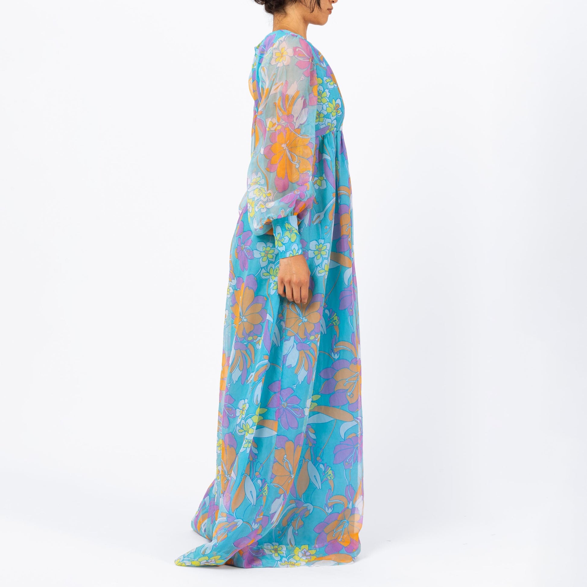 Vintage 70s Psychedelic Blue Floral Maxi Dress - Medium | Boho Sheer Chiffon Puff Sleeve Hostess Party Gown