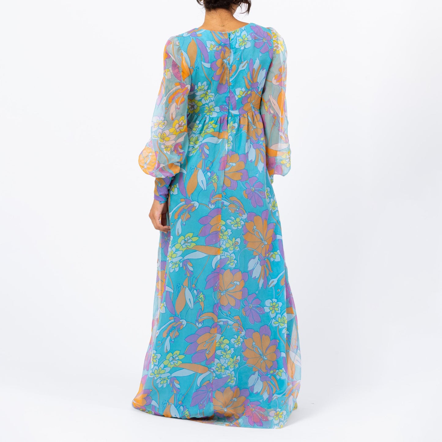 Vintage 70s Psychedelic Blue Floral Maxi Dress - Medium | Boho Sheer Chiffon Puff Sleeve Hostess Party Gown