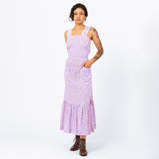 Vintage 70s Purple Gingham & Daisy Floral Prairie Dress - Extra Small | Boho Cottagecore Ruffle Hem Picnic Maxi Sundress With Pockets