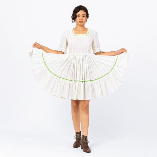 Vintage 70s White & Green Floral Square Dance Mini Dress - Small | Boho Fit Flare Cottagecore Summer Prairie Dress