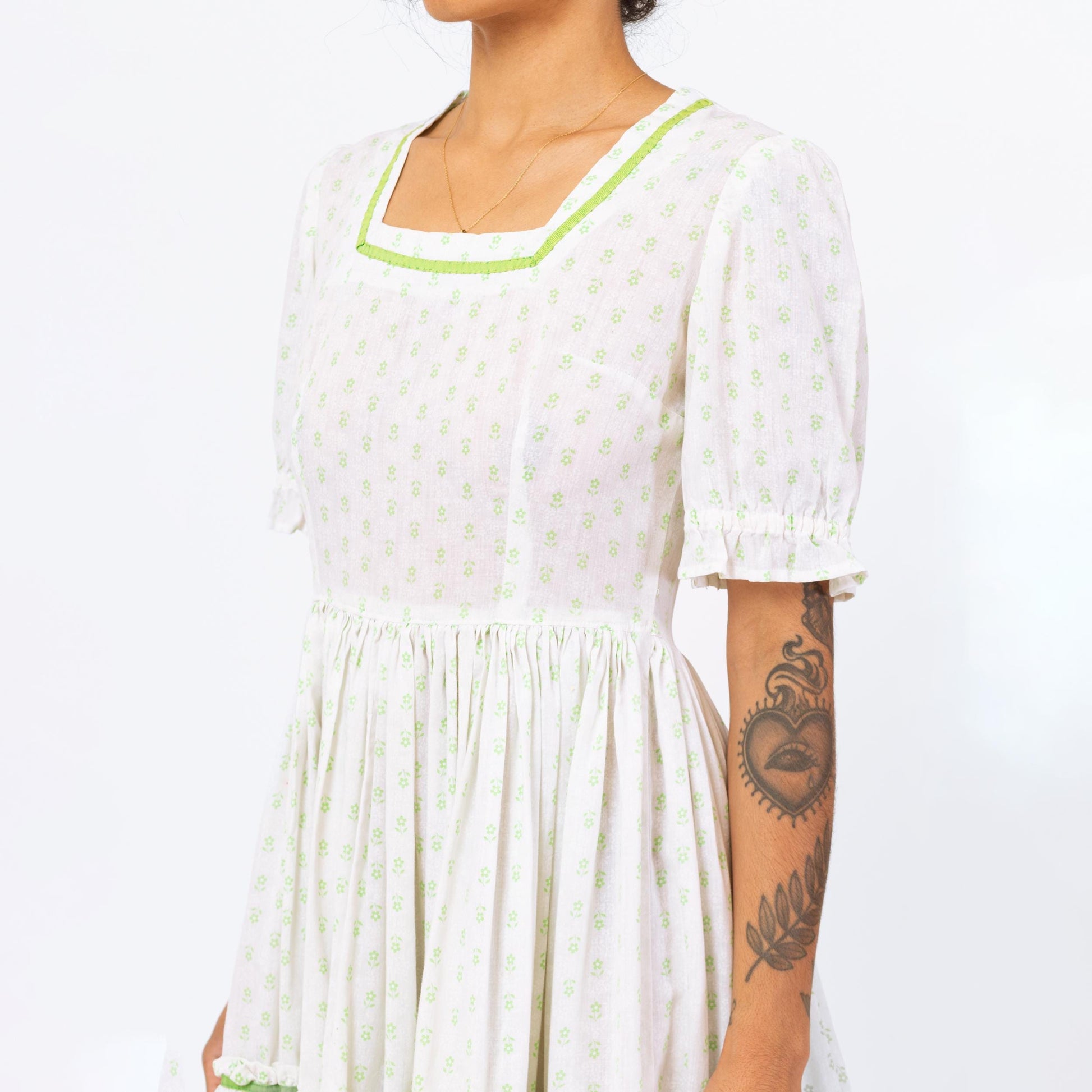 Vintage 70s White & Green Floral Square Dance Mini Dress - Small | Boho Fit Flare Cottagecore Summer Prairie Dress