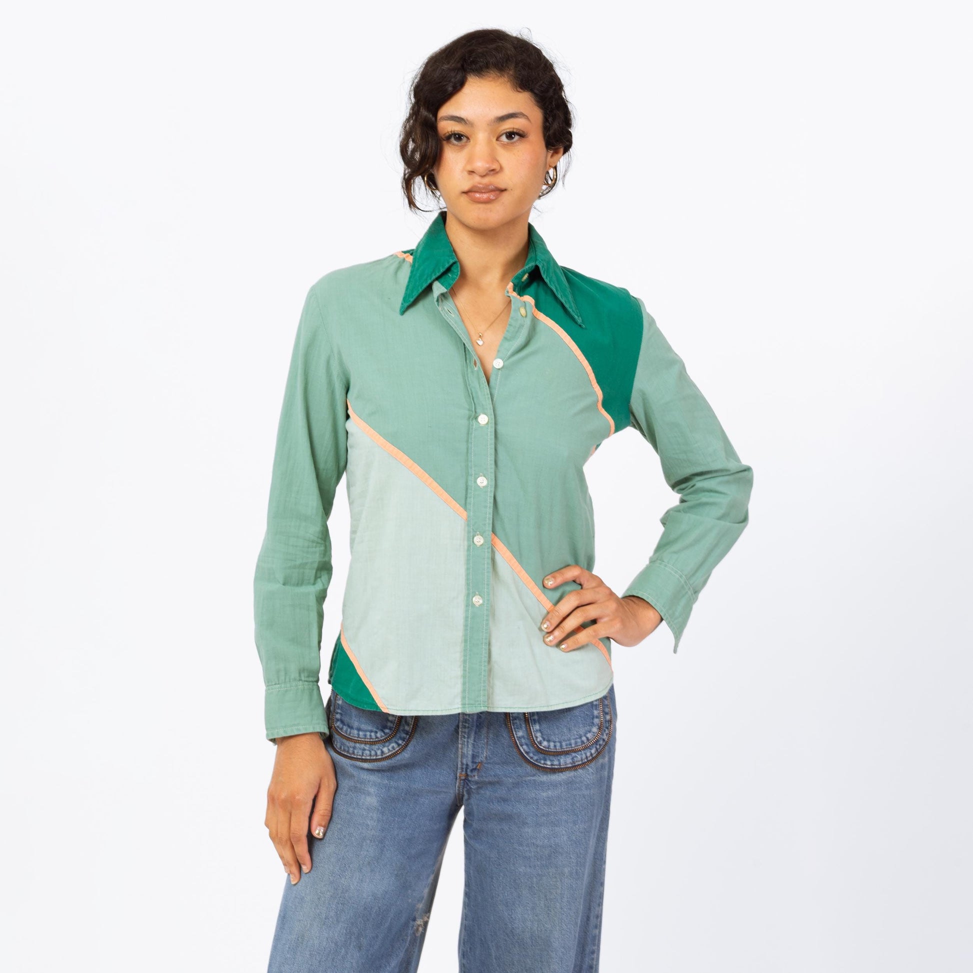 Vintage 70s Green Color Block Cotton Shirt - Medium | Boho Long Sleeve Dagger Collar Top, Button Up Western Blouse