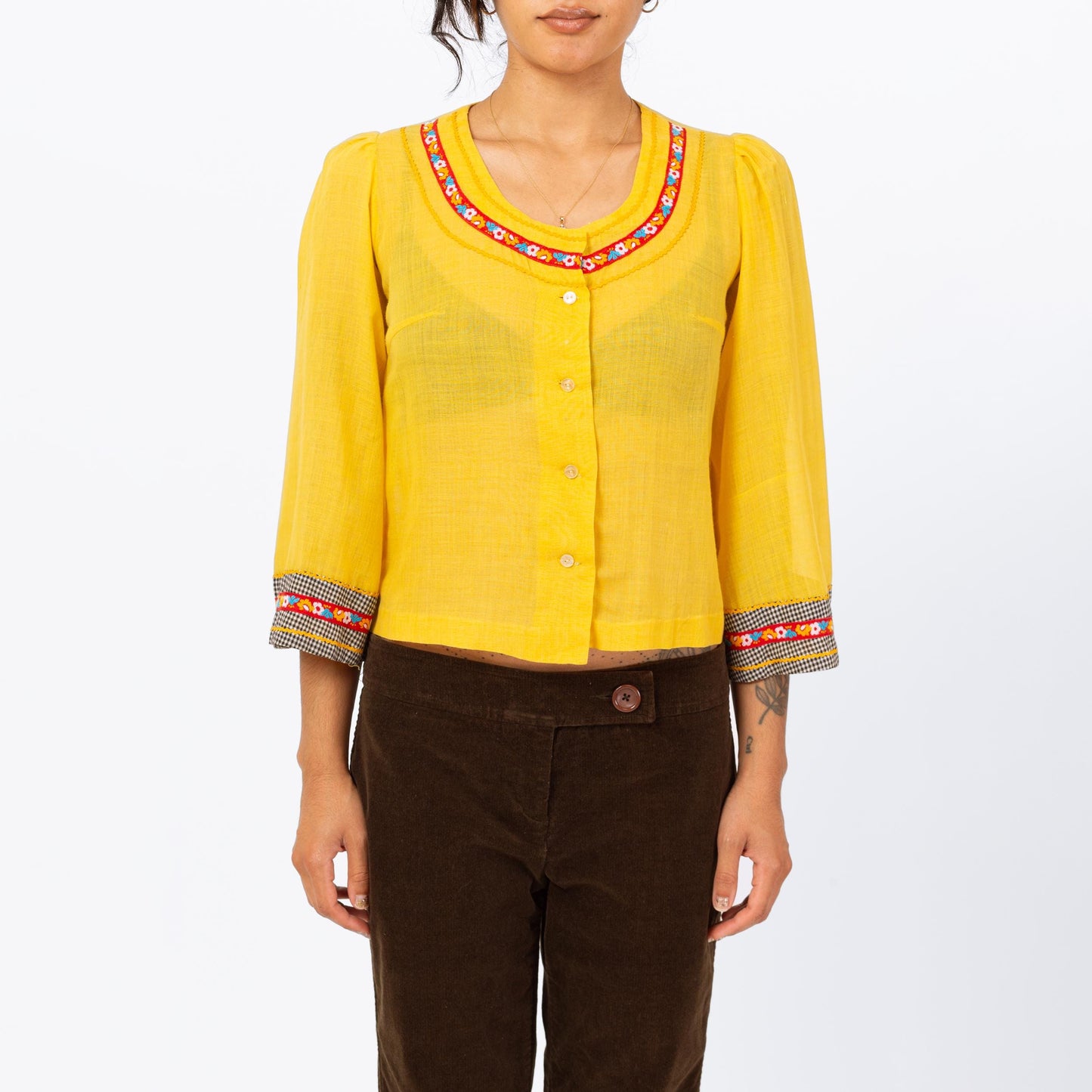 Vintage 70s Yellow Bell Sleeve Peasant Blouse - Small | Ricci Paris Boho 3/4 Sleeve Floral Ric Rac Trim Button Up Folk Festival Top