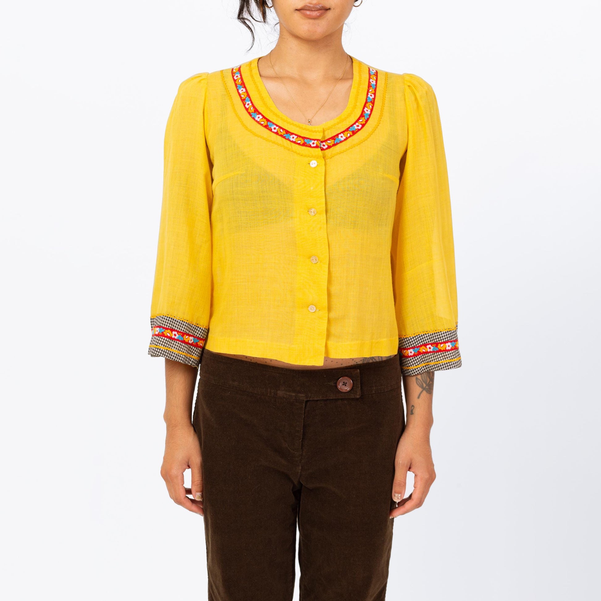 Vintage 70s Yellow Bell Sleeve Peasant Blouse - Small | Ricci Paris Boho 3/4 Sleeve Floral Ric Rac Trim Button Up Folk Festival Top
